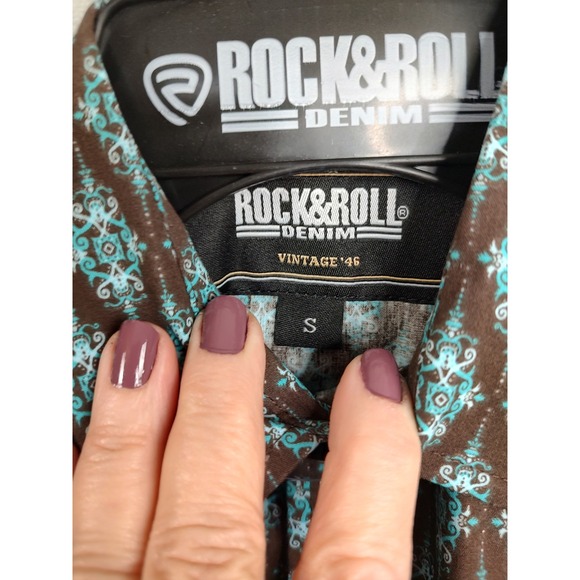 Rock & Roll Denim Kids Western Shirt S Brown Turquoise Diamond Print Snap Front - Picture 3 of 9